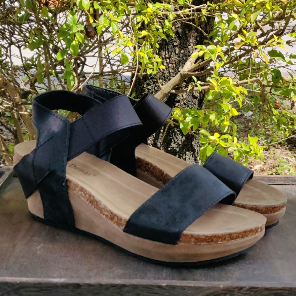 Womens Black Low Wedge Double Band Sandals